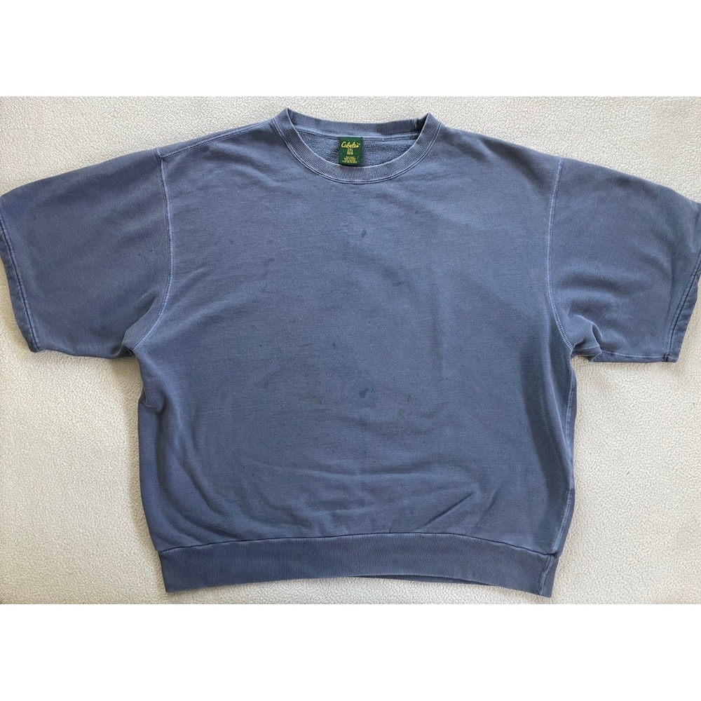 Cabela's Mens 2XL Short Sleeve Sweatshirt Blue French Terry Cotton Stains Grunge